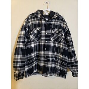 Eddie Bauer Jacket Men's Large Blue/Gray Hood Flannel Quilted Lined Shacket